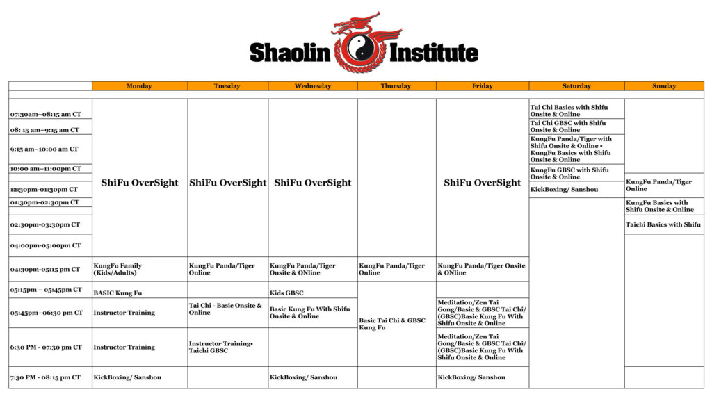 Shaolin Institute Mobile AL Campus Class Schedule